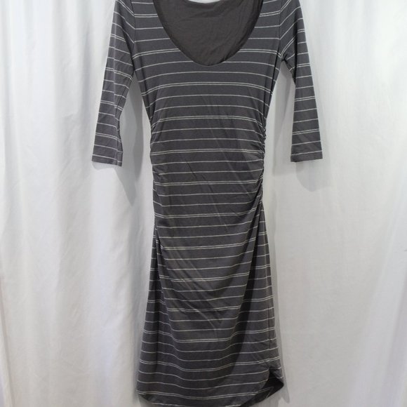 Athleta Grey Striped Side Ruched 3/4 Sleeve Midi Dress - Picture 8 of 9